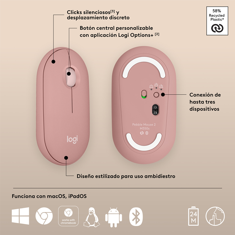 Mouse Logitech Pebble Mouse 2 M350s Bluetooth Rosa - Imagen 6