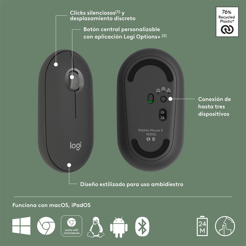 Mouse Logitech Pebble Mouse 2 M350s Bluetooth Negro - Imagen 6