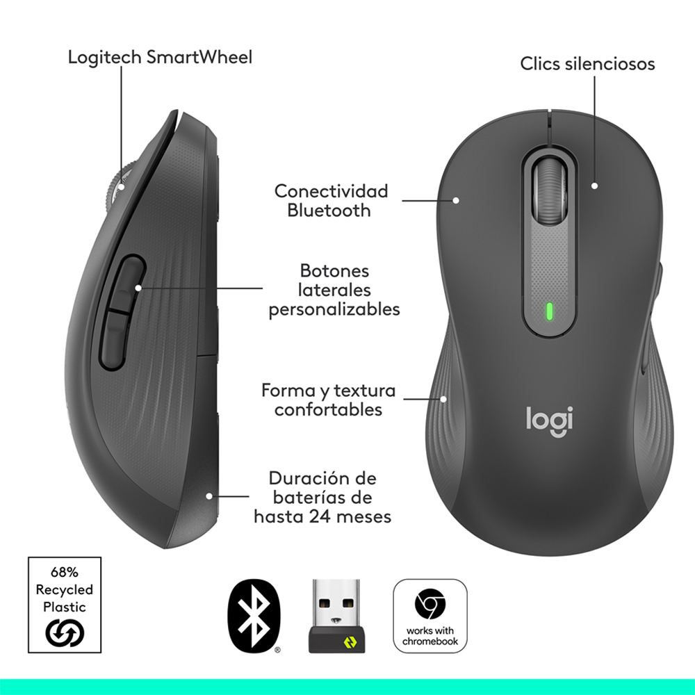 Mouse Logitech Signature M650 LARGE IZQUIERDO Wireless BT Negro - Imagen 7